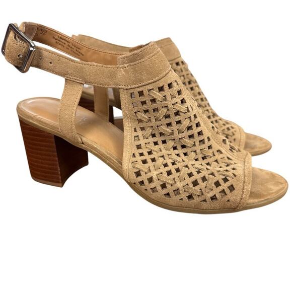 Franco Sarto Harlet 3 Leather Tan Beige Woven Chunky High Heels Sandals Shoes 8 - Picture 1 of 16